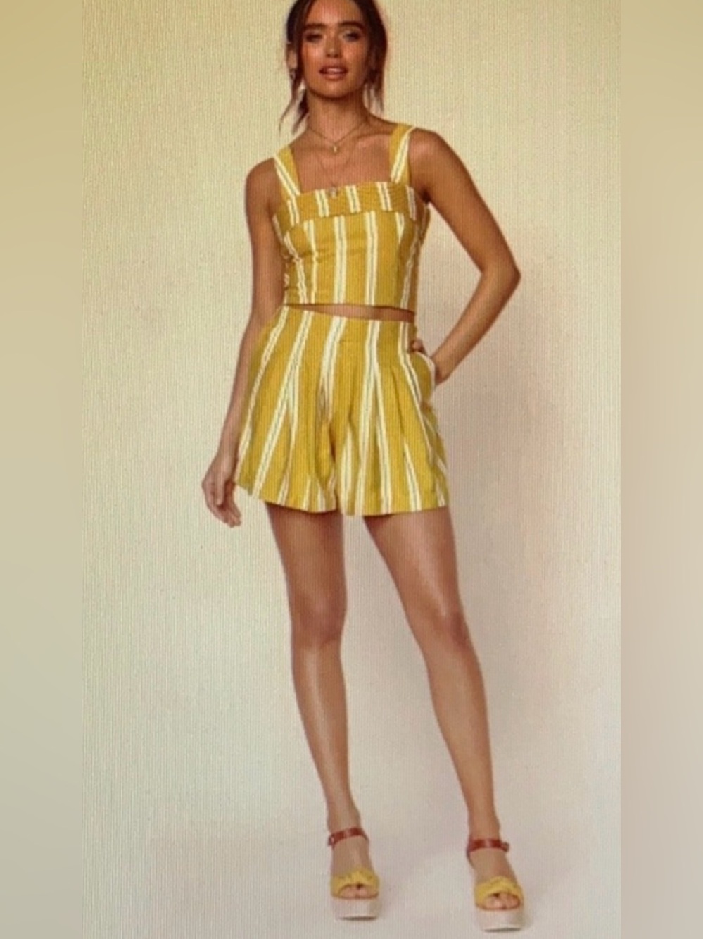 NWT Sancia Saskia Striped Yellow Pleated High-Waist Shorts